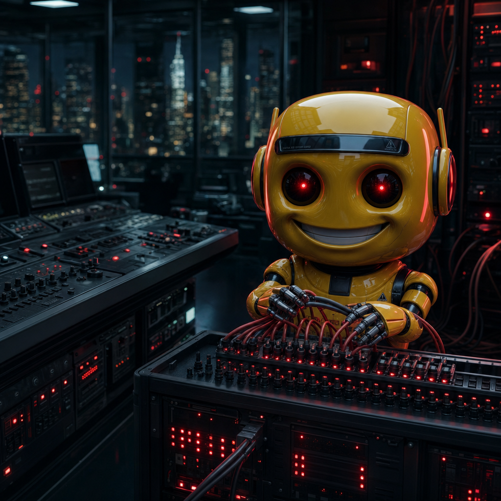 The same yellow robot at a red-lit control panel of cables in a dark switchroom